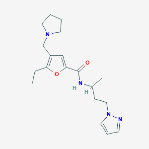 molecular formula C19H28N4O2 B4256335 5-ethyl-N-[1-methyl-3-(1H-pyrazol-1-yl)propyl]-4-(pyrrolidin-1-ylmethyl)-2-furamide 