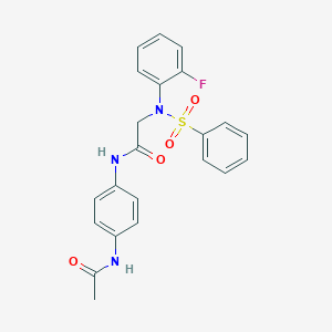 molecular formula C22H20FN3O4S B425644 N-[4-(acetylamino)phenyl]-2-[2-fluoro(phenylsulfonyl)anilino]acetamide 