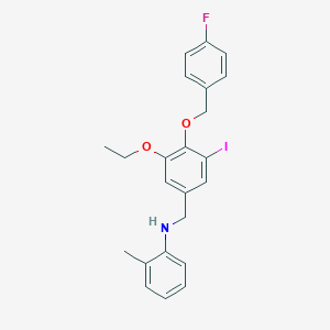 molecular formula C23H23FINO2 B425669 N-{3-ethoxy-4-[(4-fluorobenzyl)oxy]-5-iodobenzyl}-2-methylaniline 