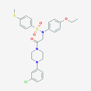 molecular formula C27H30ClN3O4S2 B425678 N-{2-[4-(3-chlorophenyl)-1-piperazinyl]-2-oxoethyl}-N-(4-ethoxyphenyl)-4-(methylsulfanyl)benzenesulfonamide 