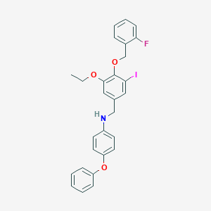 molecular formula C28H25FINO3 B425802 N-{3-ethoxy-4-[(2-fluorobenzyl)oxy]-5-iodobenzyl}-N-(4-phenoxyphenyl)amine 
