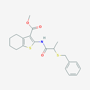 molecular formula C20H23NO3S2 B425876 Methyl 2-{[2-(benzylsulfanyl)propanoyl]amino}-4,5,6,7-tetrahydro-1-benzothiophene-3-carboxylate 