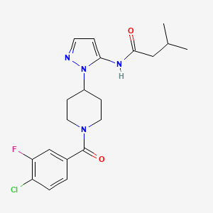 molecular formula C20H24ClFN4O2 B4258908 N-{1-[1-(4-chloro-3-fluorobenzoyl)-4-piperidinyl]-1H-pyrazol-5-yl}-3-methylbutanamide 