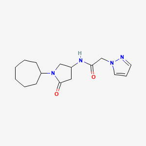 molecular formula C16H24N4O2 B4259310 N-(1-cycloheptyl-5-oxo-3-pyrrolidinyl)-2-(1H-pyrazol-1-yl)acetamide 