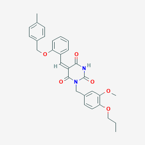 molecular formula C30H30N2O6 B425943 1-(3-methoxy-4-propoxybenzyl)-5-{2-[(4-methylbenzyl)oxy]benzylidene}-2,4,6(1H,3H,5H)-pyrimidinetrione 