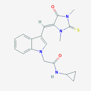 molecular formula C19H20N4O2S B425963 N-cyclopropyl-2-{3-[(1,3-dimethyl-5-oxo-2-thioxo-4-imidazolidinylidene)methyl]-1H-indol-1-yl}acetamide 