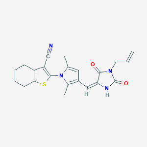 molecular formula C22H22N4O2S B425966 2-{3-[(1-allyl-2,5-dioxo-4-imidazolidinylidene)methyl]-2,5-dimethyl-1H-pyrrol-1-yl}-4,5,6,7-tetrahydro-1-benzothiophene-3-carbonitrile 
