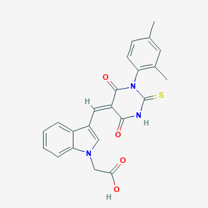 molecular formula C23H19N3O4S B425970 (3-{(E)-[1-(2,4-dimethylphenyl)-4,6-dioxo-2-thioxotetrahydropyrimidin-5(2H)-ylidene]methyl}-1H-indol-1-yl)acetic acid 