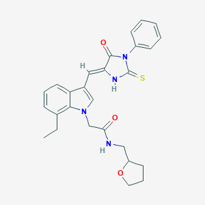 2-{7-ethyl-3-[(5-oxo-1-phenyl-2-thioxo-4-imidazolidinylidene)methyl]-1H-indol-1-yl}-N-(tetrahydro-2-furanylmethyl)acetamide