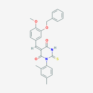 molecular formula C27H24N2O4S B425993 (5E)-5-[3-(benzyloxy)-4-methoxybenzylidene]-1-(2,4-dimethylphenyl)-2-thioxodihydropyrimidine-4,6(1H,5H)-dione 