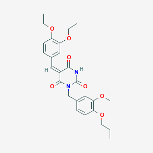 molecular formula C26H30N2O7 B426023 5-(3,4-diethoxybenzylidene)-1-(3-methoxy-4-propoxybenzyl)-2,4,6(1H,3H,5H)-pyrimidinetrione 