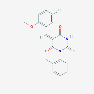 molecular formula C20H17ClN2O3S B426068 (5E)-5-(5-chloro-2-methoxybenzylidene)-1-(2,4-dimethylphenyl)-2-thioxodihydropyrimidine-4,6(1H,5H)-dione 