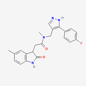 molecular formula C22H21FN4O2 B4260713 N-{[5-(4-fluorophenyl)-1H-pyrazol-4-yl]methyl}-N-methyl-2-(5-methyl-2-oxo-2,3-dihydro-1H-indol-3-yl)acetamide 