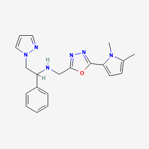 molecular formula C20H22N6O B4260844 N-{[5-(1,5-dimethyl-1H-pyrrol-2-yl)-1,3,4-oxadiazol-2-yl]methyl}-1-phenyl-2-(1H-pyrazol-1-yl)ethanamine 