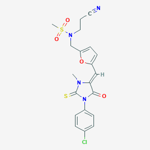 molecular formula C20H19ClN4O4S2 B426108 N-[(5-{(Z)-[1-(4-chlorophenyl)-3-methyl-5-oxo-2-thioxoimidazolidin-4-ylidene]methyl}furan-2-yl)methyl]-N-(2-cyanoethyl)methanesulfonamide 