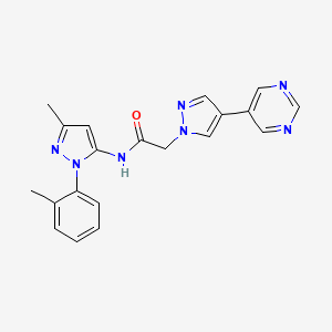 molecular formula C20H19N7O B4261136 N-[3-methyl-1-(2-methylphenyl)-1H-pyrazol-5-yl]-2-(4-pyrimidin-5-yl-1H-pyrazol-1-yl)acetamide 