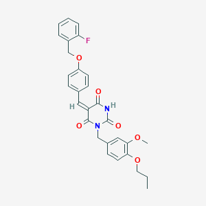 molecular formula C29H27FN2O6 B426132 5-{4-[(2-fluorobenzyl)oxy]benzylidene}-1-(3-methoxy-4-propoxybenzyl)-2,4,6(1H,3H,5H)-pyrimidinetrione 