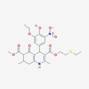 molecular formula C26H32N2O9S B4261437 3-[2-(ethylthio)ethyl] 6-methyl 4-(3-ethoxy-4-hydroxy-5-nitrophenyl)-2,7-dimethyl-5-oxo-1,4,5,6,7,8-hexahydro-3,6-quinolinedicarboxylate 