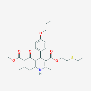 molecular formula C27H35NO6S B4261452 3-[2-(ethylthio)ethyl] 6-methyl 2,7-dimethyl-5-oxo-4-(4-propoxyphenyl)-1,4,5,6,7,8-hexahydro-3,6-quinolinedicarboxylate 