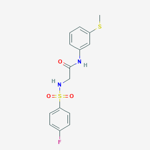 molecular formula C15H15FN2O3S2 B426147 2-{[(4-fluorophenyl)sulfonyl]amino}-N-[3-(methylsulfanyl)phenyl]acetamide 