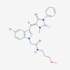 molecular formula C25H25BrN4O3S B426148 2-{5-bromo-3-[(3-methyl-5-oxo-1-phenyl-2-thioxo-4-imidazolidinylidene)methyl]-1H-indol-1-yl}-N-(3-methoxypropyl)acetamide 