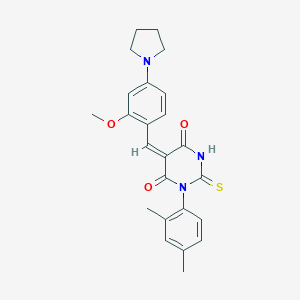 molecular formula C24H25N3O3S B426158 (5E)-1-(2,4-dimethylphenyl)-5-[2-methoxy-4-(pyrrolidin-1-yl)benzylidene]-2-thioxodihydropyrimidine-4,6(1H,5H)-dione 