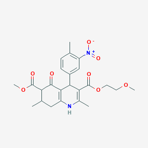 molecular formula C24H28N2O8 B4261851 3-(2-methoxyethyl) 6-methyl 2,7-dimethyl-4-(4-methyl-3-nitrophenyl)-5-oxo-1,4,5,6,7,8-hexahydro-3,6-quinolinedicarboxylate 