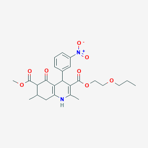 molecular formula C25H30N2O8 B4261867 6-methyl 3-(2-propoxyethyl) 2,7-dimethyl-4-(3-nitrophenyl)-5-oxo-1,4,5,6,7,8-hexahydro-3,6-quinolinedicarboxylate 