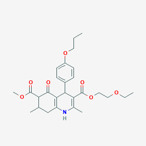 molecular formula C27H35NO7 B4261918 3-(2-ethoxyethyl) 6-methyl 2,7-dimethyl-5-oxo-4-(4-propoxyphenyl)-1,4,5,6,7,8-hexahydro-3,6-quinolinedicarboxylate 