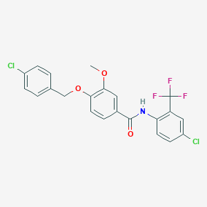 molecular formula C22H16Cl2F3NO3 B426192 4-[(4-chlorobenzyl)oxy]-N-[4-chloro-2-(trifluoromethyl)phenyl]-3-methoxybenzamide 