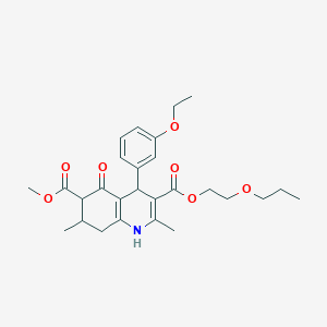 molecular formula C27H35NO7 B4261975 6-methyl 3-(2-propoxyethyl) 4-(3-ethoxyphenyl)-2,7-dimethyl-5-oxo-1,4,5,6,7,8-hexahydro-3,6-quinolinedicarboxylate 