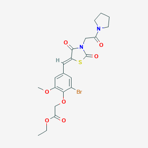 molecular formula C21H23BrN2O7S B426204 Ethyl [2-bromo-4-({2,4-dioxo-3-[2-oxo-2-(1-pyrrolidinyl)ethyl]-1,3-thiazolidin-5-ylidene}methyl)-6-methoxyphenoxy]acetate 