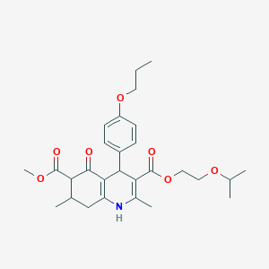 molecular formula C28H37NO7 B4262095 3-(2-isopropoxyethyl) 6-methyl 2,7-dimethyl-5-oxo-4-(4-propoxyphenyl)-1,4,5,6,7,8-hexahydro-3,6-quinolinedicarboxylate 