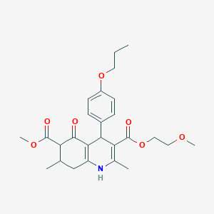 molecular formula C26H33NO7 B4262148 3-(2-methoxyethyl) 6-methyl 2,7-dimethyl-5-oxo-4-(4-propoxyphenyl)-1,4,5,6,7,8-hexahydro-3,6-quinolinedicarboxylate 