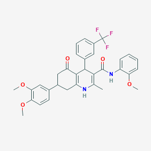 molecular formula C33H31F3N2O5 B4262213 7-(3,4-dimethoxyphenyl)-N-(2-methoxyphenyl)-2-methyl-5-oxo-4-[3-(trifluoromethyl)phenyl]-1,4,5,6,7,8-hexahydro-3-quinolinecarboxamide 