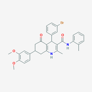 molecular formula C32H31BrN2O4 B4262237 4-(3-bromophenyl)-7-(3,4-dimethoxyphenyl)-2-methyl-N-(2-methylphenyl)-5-oxo-1,4,5,6,7,8-hexahydro-3-quinolinecarboxamide 