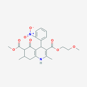 molecular formula C23H26N2O8 B4262310 3-(2-methoxyethyl) 6-methyl 2,7-dimethyl-4-(2-nitrophenyl)-5-oxo-1,4,5,6,7,8-hexahydro-3,6-quinolinedicarboxylate 
