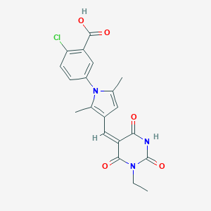 molecular formula C20H18ClN3O5 B426233 2-chloro-5-{3-[(1-ethyl-2,4,6-trioxotetrahydro-5(2H)-pyrimidinylidene)methyl]-2,5-dimethyl-1H-pyrrol-1-yl}benzoic acid 