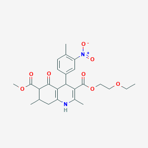 molecular formula C25H30N2O8 B4262393 3-(2-ethoxyethyl) 6-methyl 2,7-dimethyl-4-(4-methyl-3-nitrophenyl)-5-oxo-1,4,5,6,7,8-hexahydro-3,6-quinolinedicarboxylate 
