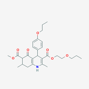 molecular formula C28H37NO7 B4262474 6-methyl 3-(2-propoxyethyl) 2,7-dimethyl-5-oxo-4-(4-propoxyphenyl)-1,4,5,6,7,8-hexahydro-3,6-quinolinedicarboxylate 