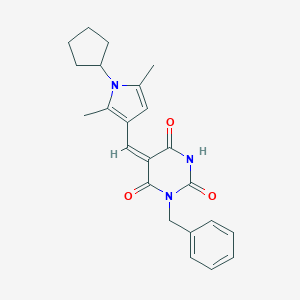 molecular formula C23H25N3O3 B426253 1-benzyl-5-[(1-cyclopentyl-2,5-dimethyl-1H-pyrrol-3-yl)methylene]-2,4,6(1H,3H,5H)-pyrimidinetrione 