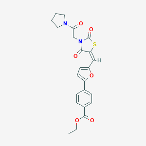 molecular formula C23H22N2O6S B426254 Ethyl 4-[5-({2,4-dioxo-3-[2-oxo-2-(1-pyrrolidinyl)ethyl]-1,3-thiazolidin-5-ylidene}methyl)-2-furyl]benzoate 