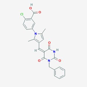 molecular formula C25H20ClN3O5 B426287 5-{3-[(1-benzyl-2,4,6-trioxotetrahydro-5(2H)-pyrimidinylidene)methyl]-2,5-dimethyl-1H-pyrrol-1-yl}-2-chlorobenzoic acid 