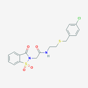 molecular formula C18H17ClN2O4S2 B426368 N-{2-[(4-chlorobenzyl)sulfanyl]ethyl}-2-(1,1-dioxido-3-oxo-1,2-benzothiazol-2(3H)-yl)acetamide CAS No. 579439-81-9