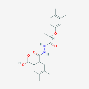 molecular formula C21H28N2O5 B4264194 6-({2-[2-(3,4-dimethylphenoxy)propanoyl]hydrazino}carbonyl)-3,4-dimethyl-3-cyclohexene-1-carboxylic acid 