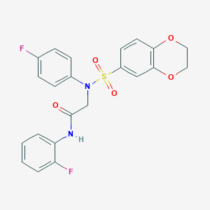 molecular formula C22H18F2N2O5S B426433 2-[(2,3-dihydro-1,4-benzodioxin-6-ylsulfonyl)-4-fluoroanilino]-N-(2-fluorophenyl)acetamide 