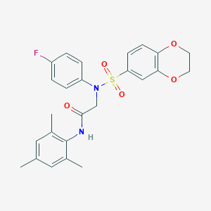 molecular formula C25H25FN2O5S B426470 2-[(2,3-dihydro-1,4-benzodioxin-6-ylsulfonyl)-4-fluoroanilino]-N-mesitylacetamide 