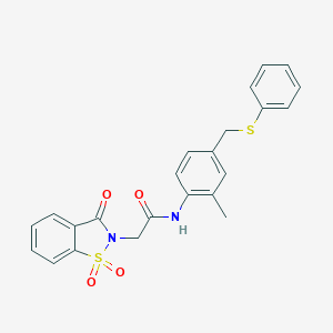 molecular formula C23H20N2O4S2 B426486 2-(1,1-dioxido-3-oxo-1,2-benzisothiazol-2(3H)-yl)-N-{2-methyl-4-[(phenylthio)methyl]phenyl}acetamide 