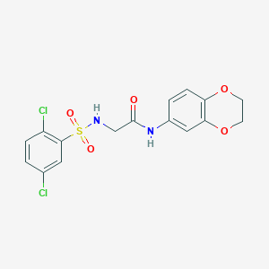 molecular formula C16H14Cl2N2O5S B426515 2-{[(2,5-dichlorophenyl)sulfonyl]amino}-N-(2,3-dihydro-1,4-benzodioxin-6-yl)acetamide 