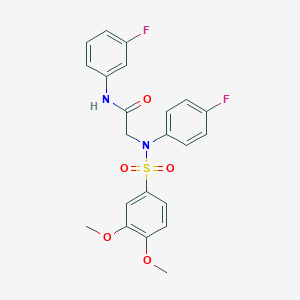 molecular formula C22H20F2N2O5S B426540 2-{[(3,4-dimethoxyphenyl)sulfonyl]-4-fluoroanilino}-N-(3-fluorophenyl)acetamide 